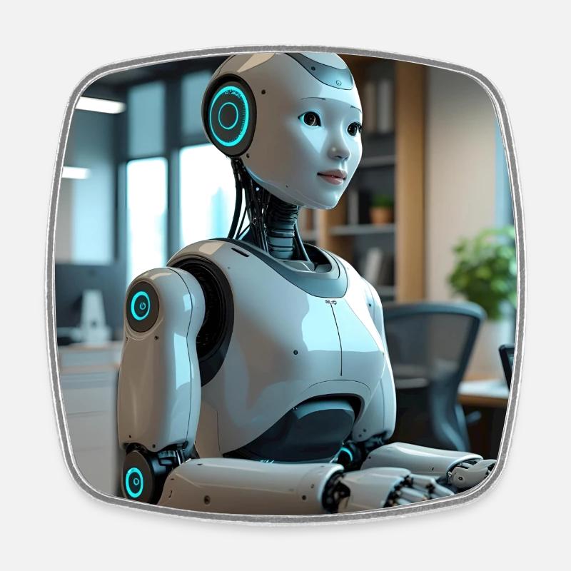 Robot humanoïde dans un bureau bleu - Magnet carré - blanc