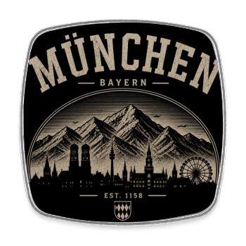 München Skyline – Retro Berg & Stadt Silhouette - Viereckiger Kühlschrankmagnet - Weiß - Vorne