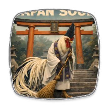 Japanese Onagadori Shinto Monk Design - Square fridge magnet - white - Front