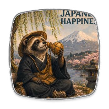 Japanese Tanuki Monk Design - Square fridge magnet - white - Front