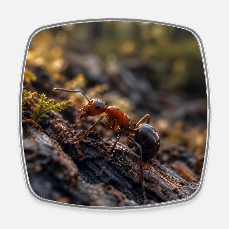 Red ant on Wood Under Moss - Square fridge magnet - white