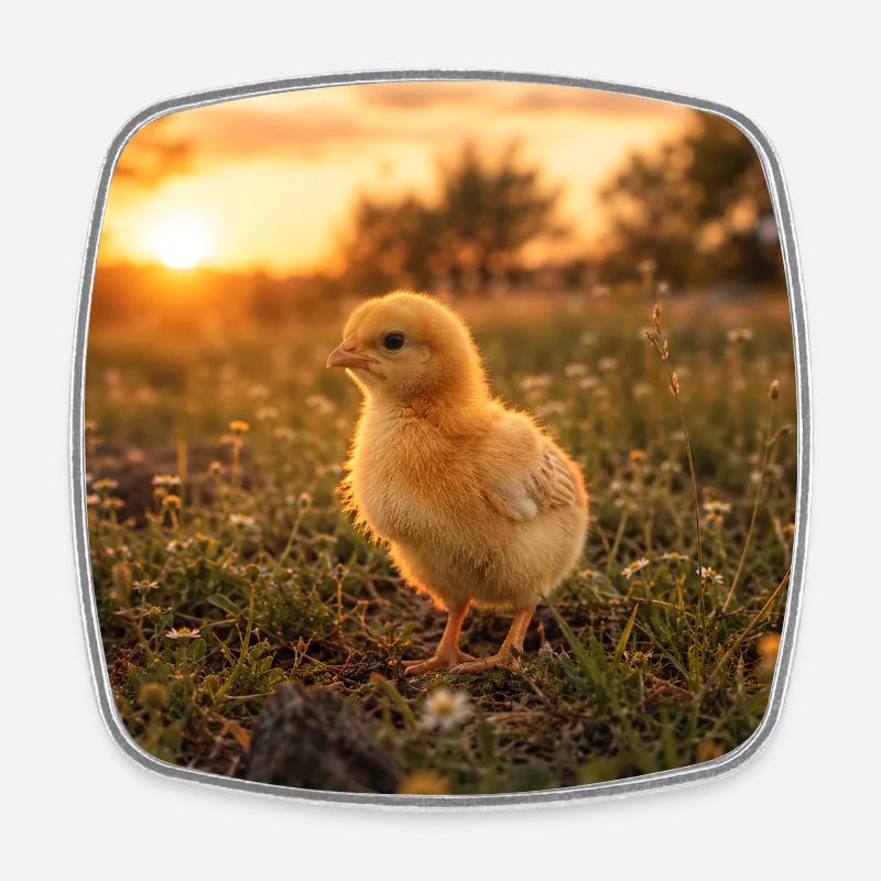 Yellow chicken at sunset - Square fridge magnet - white