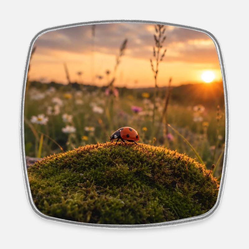Ladybug in sunset and moss - Square fridge magnet - white
