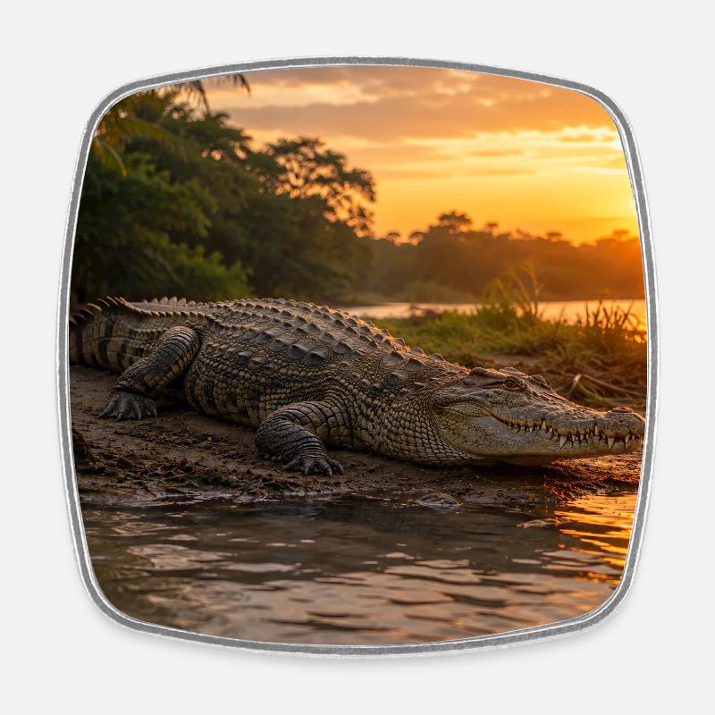 Sunset and crocodile by the river - Square fridge magnet - white