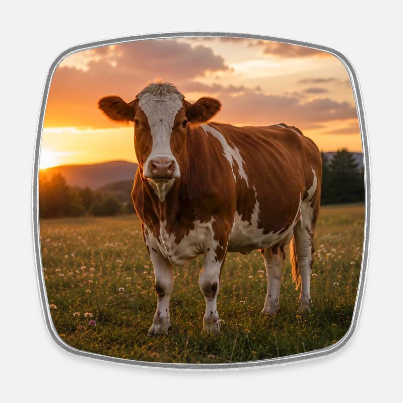 Sunset and cow in meadow - Square fridge magnet - white