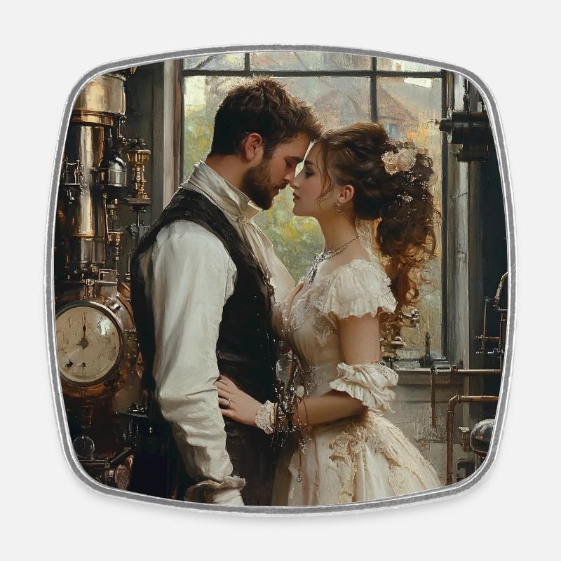 Steampunk Romance: Lovers in the Lab - Square fridge magnet - white