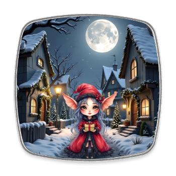 Lunarer Weihnachtself mit Geschenk - Viereckiger Kühlschrankmagnet - Weiß - Vorne