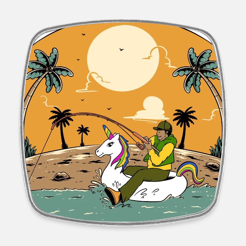 Pêcheur sur licorne gonflable - Magnet carré - blanc