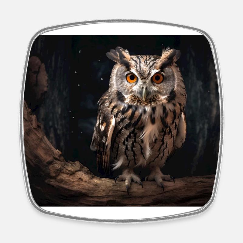 Owl on branch - Square fridge magnet - white