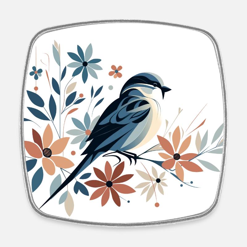 Kleiner Vogel mit Blumen - Viereckiger Kühlschrankmagnet - Weiß