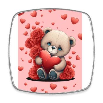 Cute teddy bear with red flowers and hearts - Square fridge magnet - white - Front