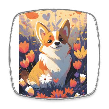Happy Corgi in colored flowers - Square fridge magnet - white - Front