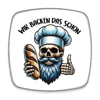 Skull mit Bäckermütze und Brot - Viereckiger Kühlschrankmagnet - Weiß - Vorne