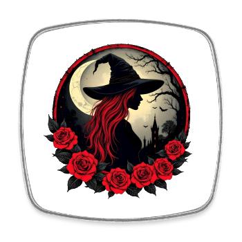 Witch with red hair, castle, moon, bats - Square fridge magnet - white - Front