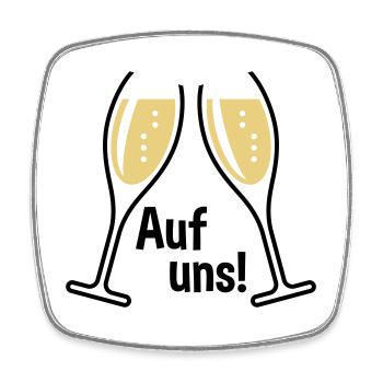 XAuf Uns! 2 Sektgläser (Sekt / Oval / Offen / 2C) - Viereckiger Kühlschrankmagnet - Weiß - Vorne
