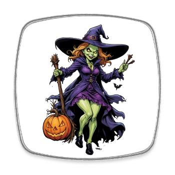 Halloween - Witch with Broom Horror with Pumpkin - Square fridge magnet - white - Front