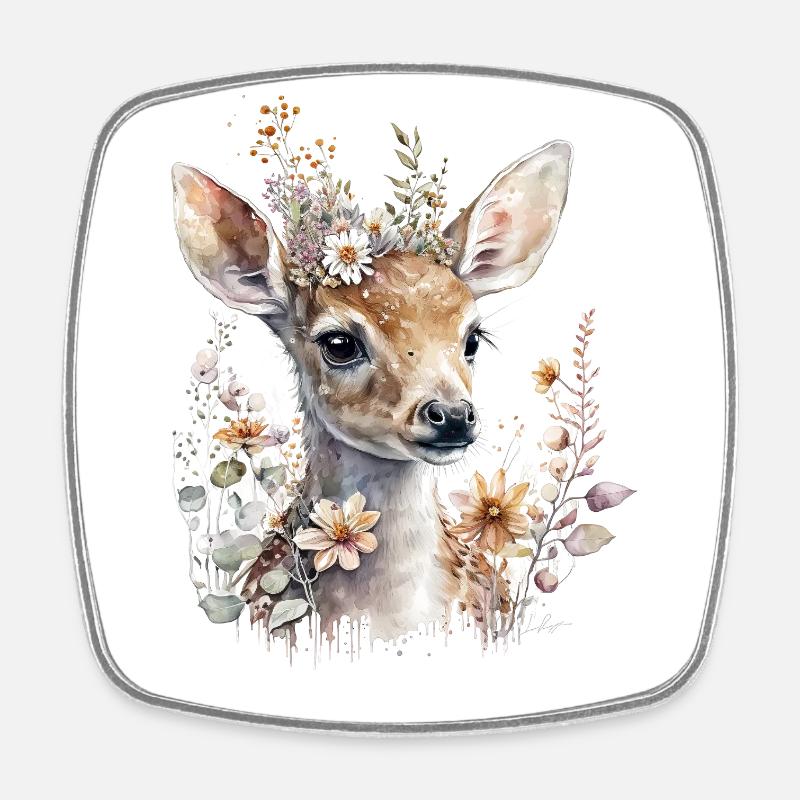 Deer with flowers - Square fridge magnet - white