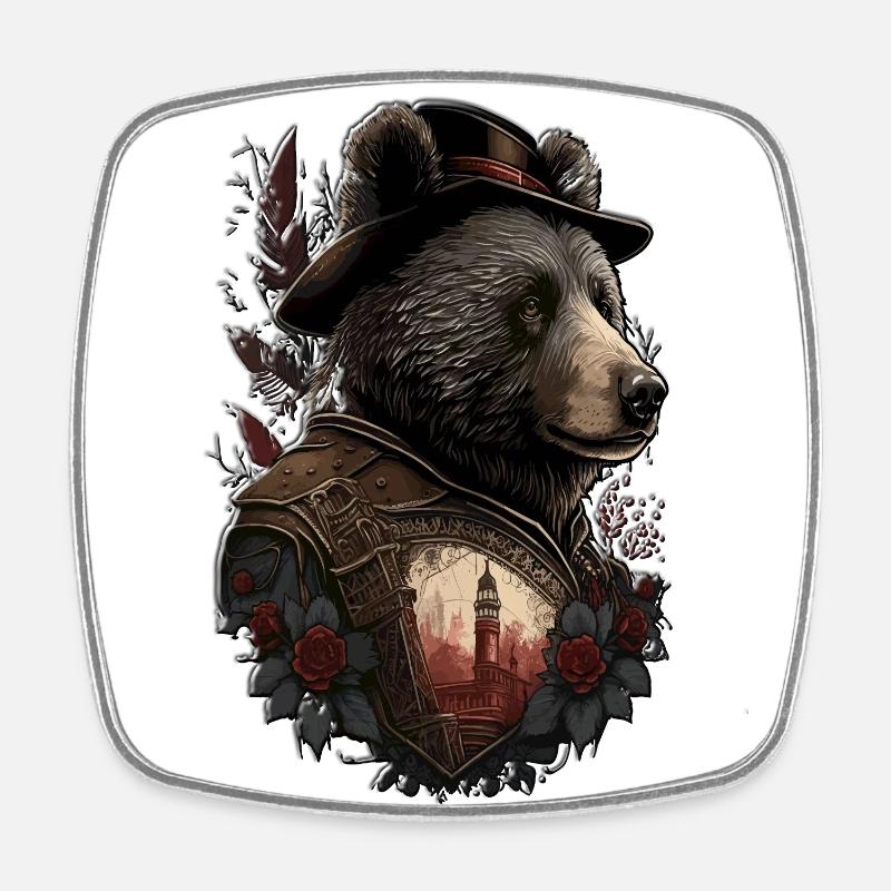 Mysterious Bear Bear with Hat Rose Feather - Square fridge magnet - white
