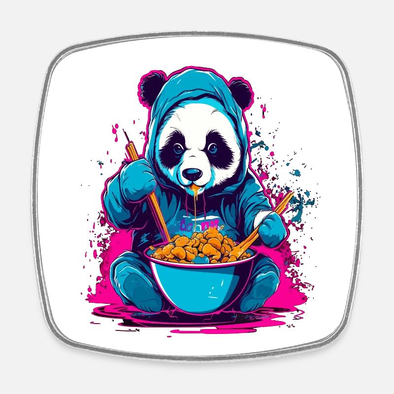 Panda eat Asia Ramen Food Synthwave Design - Square fridge magnet - white