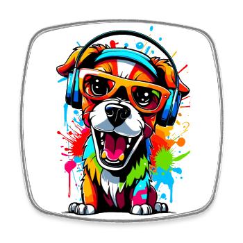 Hund mit Kopfhörer und Sonnenbrille - Viereckiger Kühlschrankmagnet - Weiß - Vorne