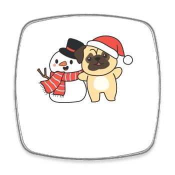 Pug with snowman in winter for Christmas - Square fridge magnet - white - Front