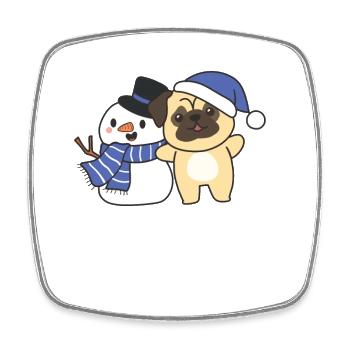 Pug with snowman in winter for Christmas - Square fridge magnet - white - Front