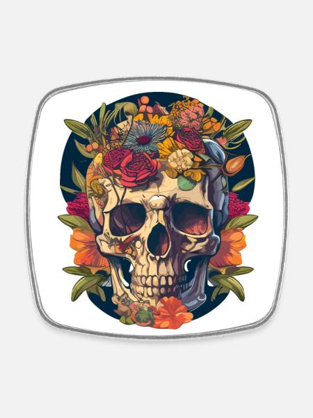 Human Skull & Flowers 22 - Square fridge magnet - white