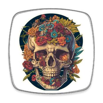 Human Skull & Flowers 21 - Square fridge magnet - white - Front