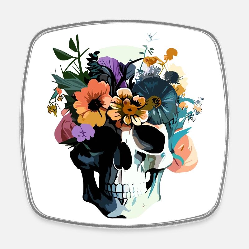 Human Skull & Flowers 38 - Square fridge magnet - white