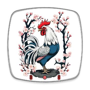 Asian Rooster Cherry Blossoms Aesthetic Design - Square fridge magnet - white - Front