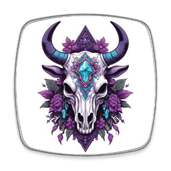 Bull Skull Spiritual Mandala Feathers Design - Square fridge magnet - white - Front
