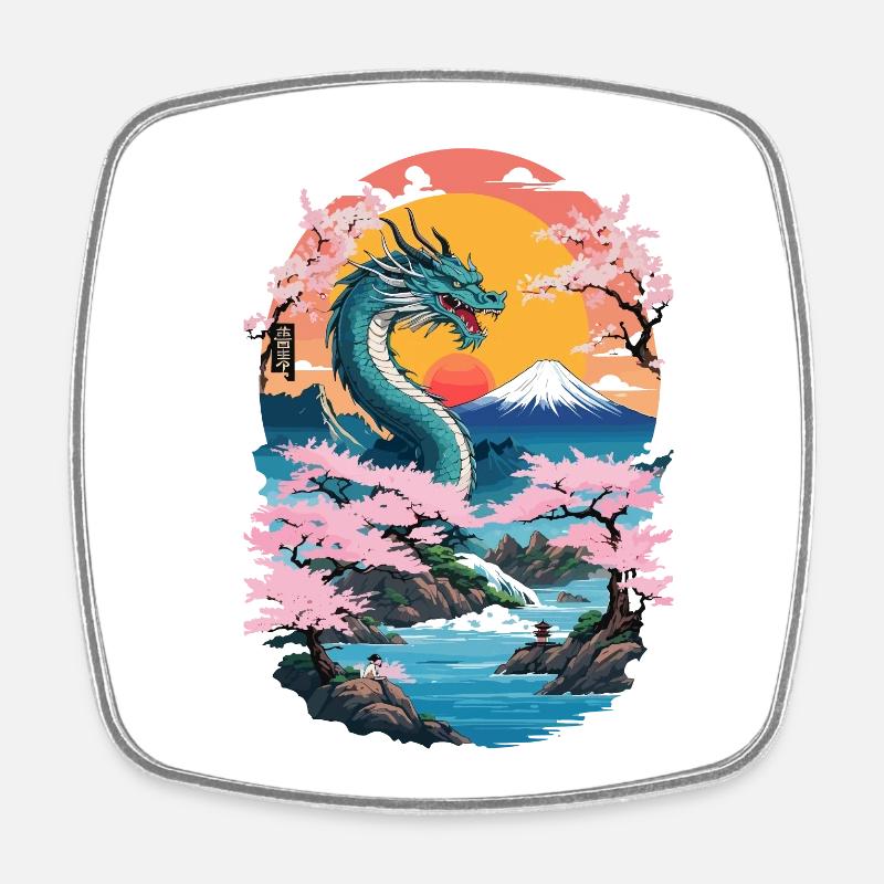 Cherry Blossoms Ukiyo-E Art Dragon Anime - Square fridge magnet - white