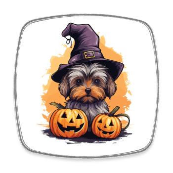 Halloween Hexenhut Kürbis Hund Yorkshire Terrier - Viereckiger Kühlschrankmagnet - Weiß - Vorne