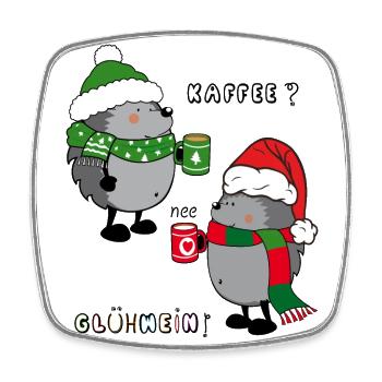 Hérisson au café ou au vin chaud, Noël - Magnet carré - blanc - Devant