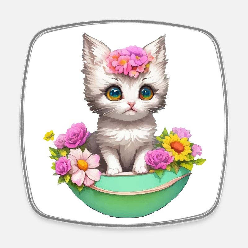 Un chat effronté dans une frénésie de fleurs - Magnet carré - blanc