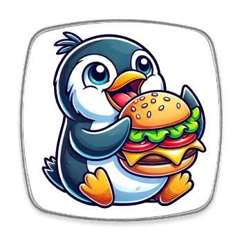 Whimsical penguin with hamburger funny chibi - Square fridge magnet - white - Front