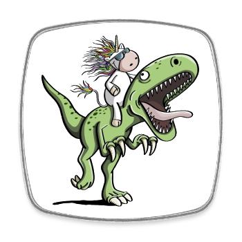 Unicorn rides a T-Rex dinosaur comic - Square fridge magnet - white - Front