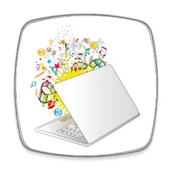 Ein halb geöffneter Laptop mit vielen Symbolen - Viereckiger Kühlschrankmagnet - Weiß - Vorne