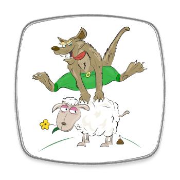 wolf jumps over the sheep - wolf with sheep - Square fridge magnet - white - Front