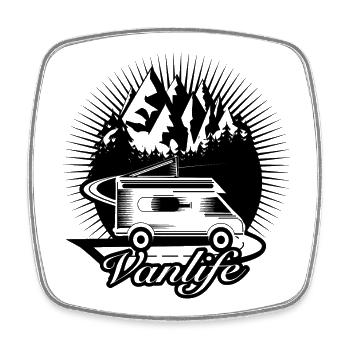 Campeurs sur la route avec la typographie Van Life - Magnet carré - blanc - Devant
