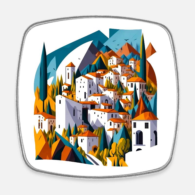 Mediterranean mountain village - Square fridge magnet - white