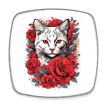 Red Rose Cat Look, Cat with Roses - Square fridge magnet - white - Front