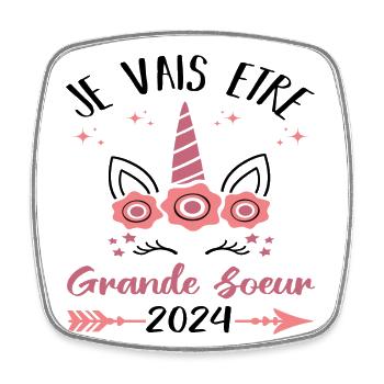 Je vais être grande soeur en 2024 cadeau licorne - Magnet carré - blanc - Devant