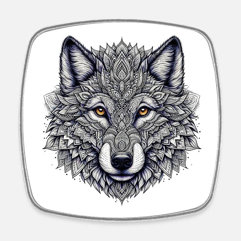 Wolf mit Mandalas verziert - Viereckiger Kühlschrankmagnet - Weiß