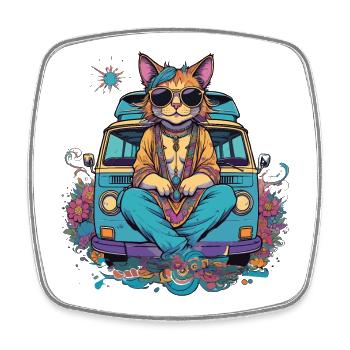 Chat hippie en vacances dans un van, humour - Magnet carré - blanc - Devant