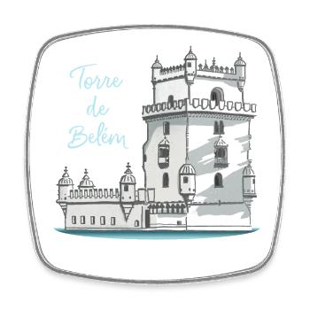 Torre de Belem, Lisbonne, Portugal, Dessin à la main - Magnet carré - blanc - Devant