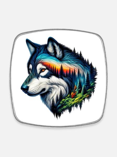 Loup - Magnet carré - blanc