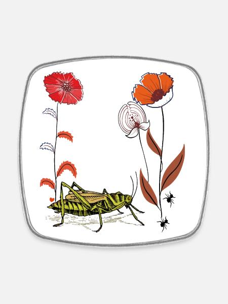 Fleur de jardin avec sauterelle et fourmis - Magnet carré - blanc