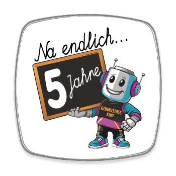 fünfter Geburtstag, 5. Geburtstag kleiner Roboter - Viereckiger Kühlschrankmagnet - Weiß - Vorne