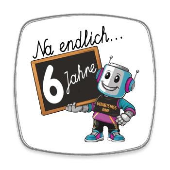 sechster Geburtstag, 6. Geburtstag kleiner Roboter - Viereckiger Kühlschrankmagnet - Weiß - Vorne